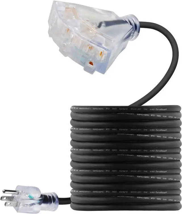 Main image of 25 FT 14/3 Outdoor Extension Cord - SJEOW Rubber, Flexible, Triple Outlet, Black Wire with Live Power Light Indicator. 15 Amp