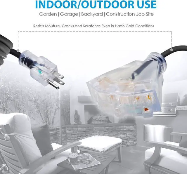 Alt view image 6 of 6 - 25 FT 14/3 Outdoor Extension Cord - SJEOW Rubber, Flexible, Triple Outlet, Black Wire with Live Power Light Indicator. 15 Amp