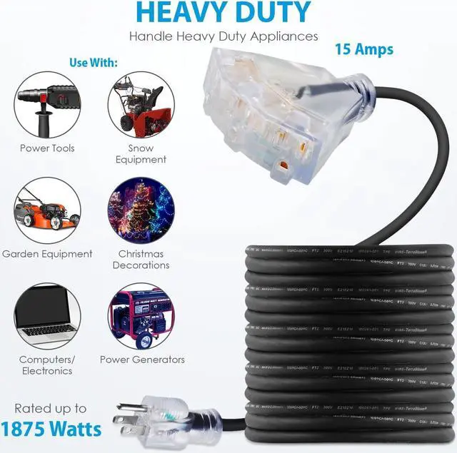 Alt view image 2 of 6 - 25 FT 14/3 Outdoor Extension Cord - SJEOW Rubber, Flexible, Triple Outlet, Black Wire with Live Power Light Indicator. 15 Amp