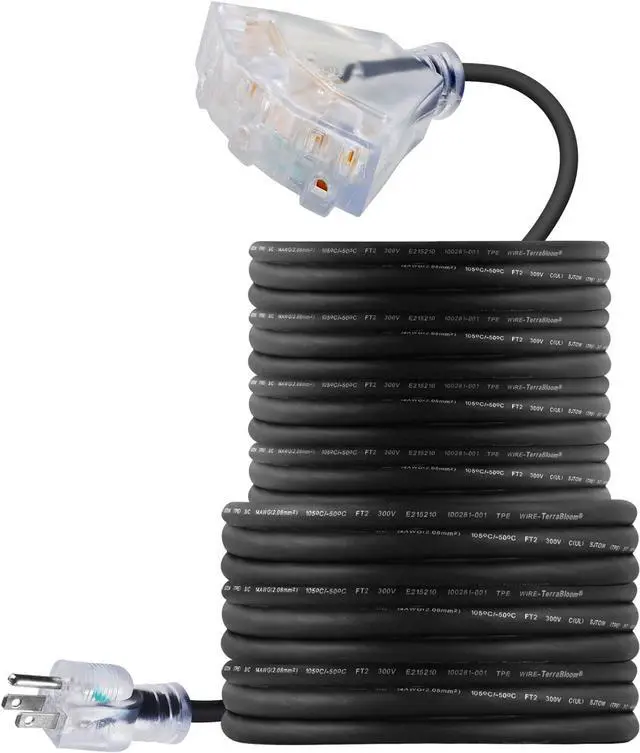 Main image of 50 FT 14/3 Outdoor Extension Cord - SJEOW Rubber, Flexible, Triple Outlet, Black Wire with Live Power Light Indicator. 15 Amp