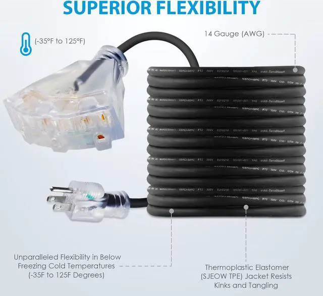 Alt view image 3 of 6 - 50 FT 14/3 Outdoor Extension Cord - SJEOW Rubber, Flexible, Triple Outlet, Black Wire with Live Power Light Indicator. 15 Amp