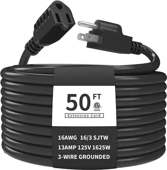 Main image of Outdoor Extension Cord 50 FT Waterproof, 16/3 Gauge Black Heavy Duty 3 Prong Extension Cord, 13A 1625W SJTW, ETL Listed, Great for Garden and Home