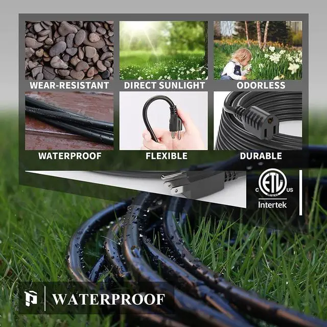 Alt view image 5 of 6 - Outdoor Extension Cord 50 FT Waterproof, 16/3 Gauge Black Heavy Duty 3 Prong Extension Cord, 13A 1625W SJTW, ETL Listed, Great for Garden and Home