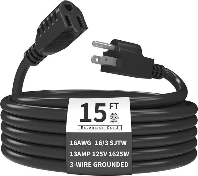 Main image of Outdoor Extension Cord 15 FT Waterproof, 16/3 Gauge Black Heavy Duty 3 Prong Extension Cord, 13A 1625W SJTW, ETL Listed, Great for Garden and Home