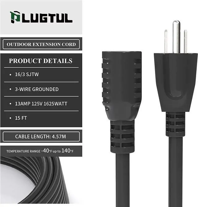 Alt view image 2 of 6 - Outdoor Extension Cord 15 FT Waterproof, 16/3 Gauge Black Heavy Duty 3 Prong Extension Cord, 13A 1625W SJTW, ETL Listed, Great for Garden and Home