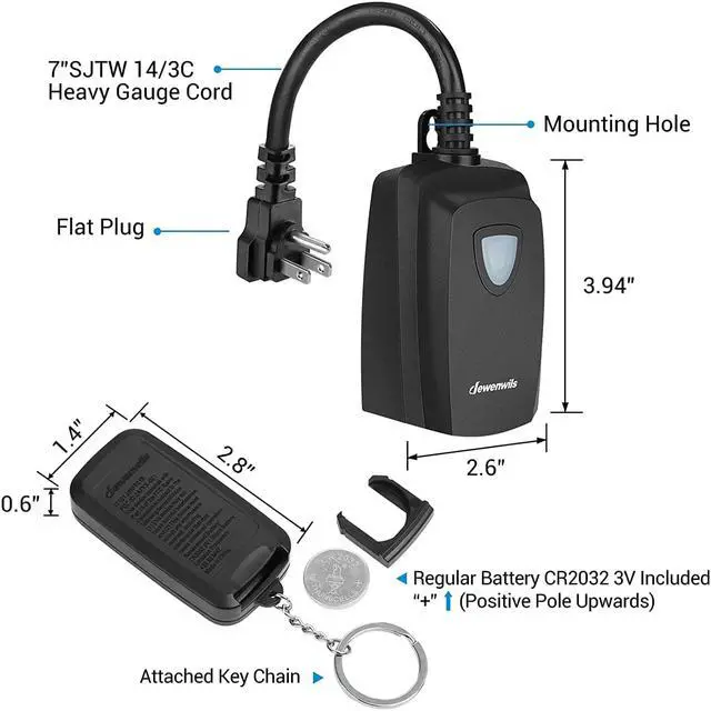 Alt view image 7 of 7 - DEWENWILS Wireless Remote Control Outdoor Outlet with 2 Remotes, Electrical Plug in Light Switch Weatherproof,15 AMP Heavy Duty, 7-Inch Extension Cord, 100 FT Range, Halloween Decoration, ETL Listed
