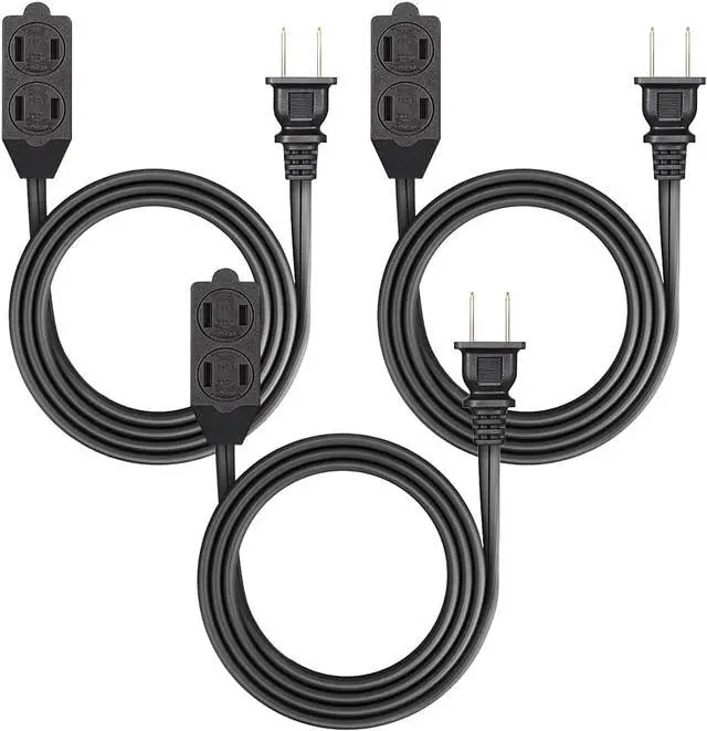 Main image of DEWENWILS 3 Outlet Extension Cord, 2 Prong Extension Power Strip, 3ft 16 AWG Power Cord for Indoor Use, Black, UL Listed, 3 Pack