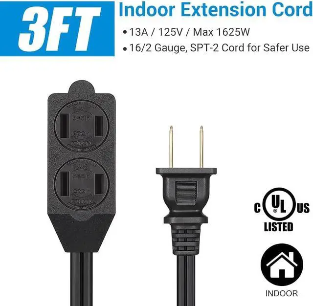 Alt view image 2 of 7 - DEWENWILS 3 Outlet Extension Cord, 2 Prong Extension Power Strip, 3ft 16 AWG Power Cord for Indoor Use, Black, UL Listed, 3 Pack
