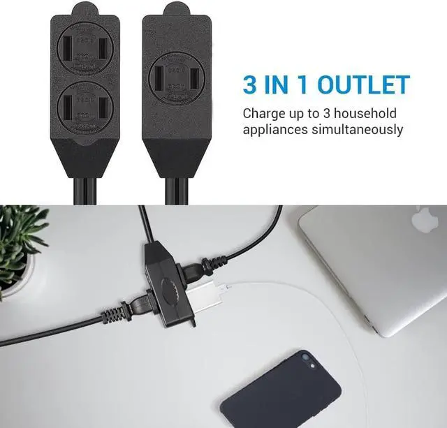 Alt view image 3 of 7 - DEWENWILS 3 Outlet Extension Cord, 2 Prong Extension Power Strip, 3ft 16 AWG Power Cord for Indoor Use, Black, UL Listed, 3 Pack