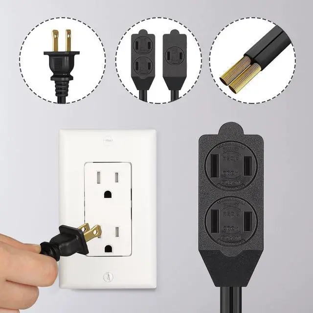 Alt view image 5 of 7 - DEWENWILS 3 Outlet Extension Cord, 2 Prong Extension Power Strip, 3ft 16 AWG Power Cord for Indoor Use, Black, UL Listed, 3 Pack