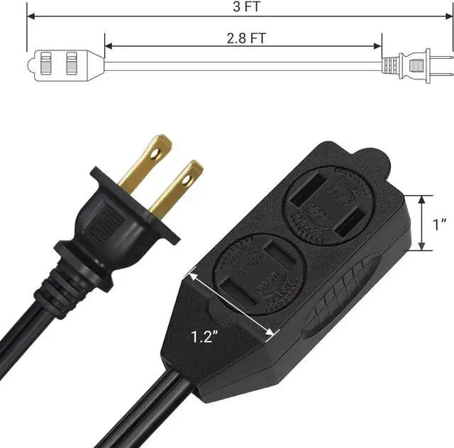 Alt view image 7 of 7 - DEWENWILS 3 Outlet Extension Cord, 2 Prong Extension Power Strip, 3ft 16 AWG Power Cord for Indoor Use, Black, UL Listed, 3 Pack