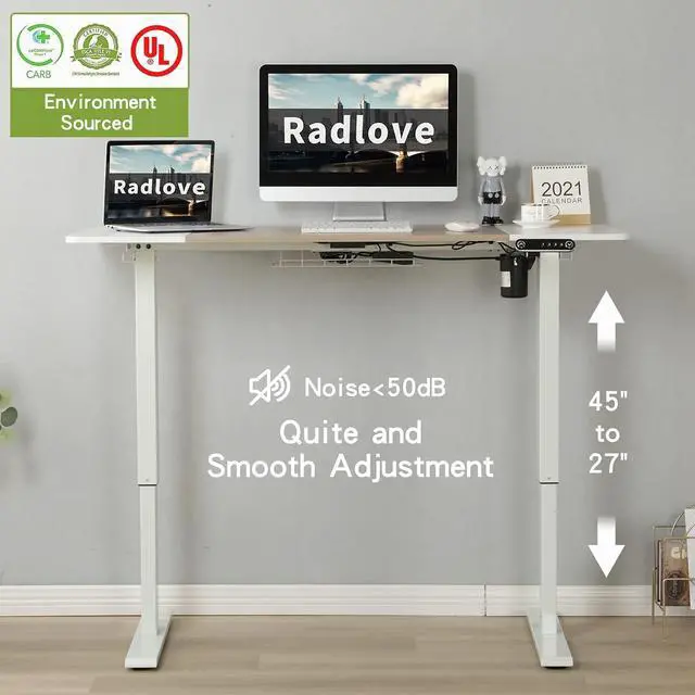 Alt view image 2 of 7 - Electric Height Adjustable Standing Desk, Radlove 55 x 24 Inches Stand Up Desk Workstation, Splice Board Home Office Computer Standing Table Ergonomic Desk (White Frame + 55" White+Maple Top)