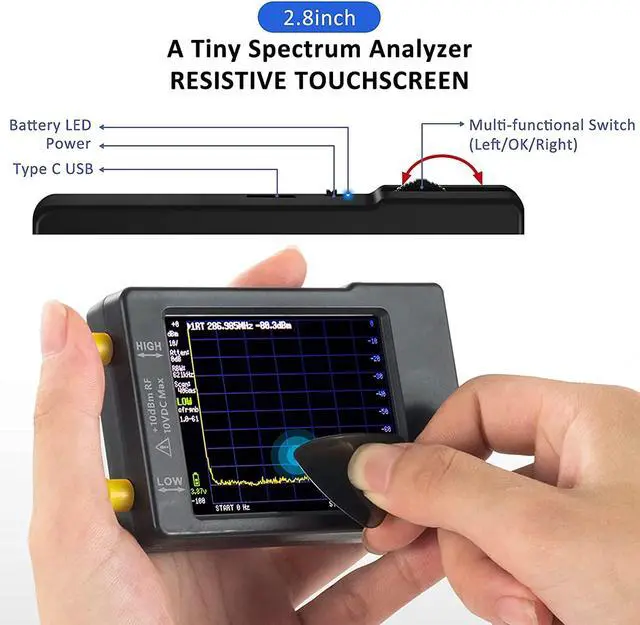Alt view image 4 of 6 - Portable tinysa Spectrum Analyzer - V0.3.1 Hand Held Frequency Analyzer | 100kHz to 960MHz MF/HF/VHF UHF Input | ESD Protected Function & 2.8 inch Touchscreen | Signal Generator