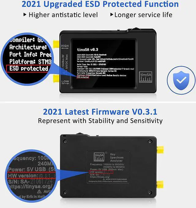 Alt view image 2 of 6 - Portable tinysa Spectrum Analyzer - V0.3.1 Hand Held Frequency Analyzer | 100kHz to 960MHz MF/HF/VHF UHF Input | ESD Protected Function & 2.8 inch Touchscreen | Signal Generator