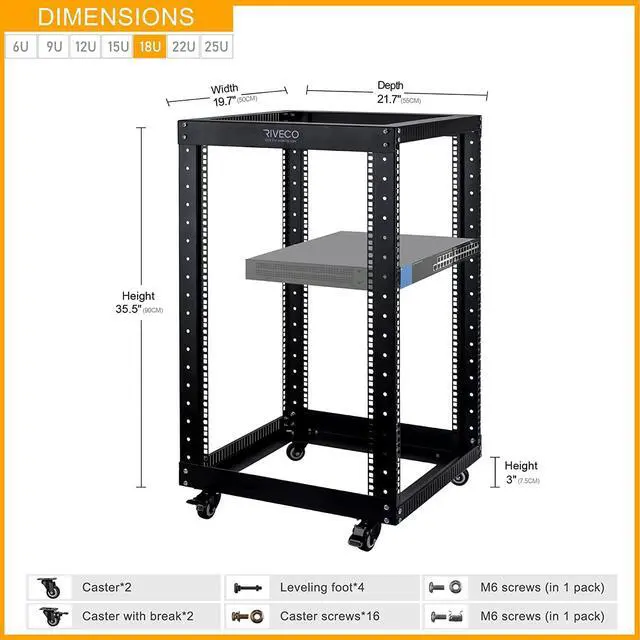 Alt view image 3 of 7 - 18U Open Frame Server Rack with Brake Casters- Heavy Duty 4 Post Quick Assembly 19-inch Rack Network Durable Black