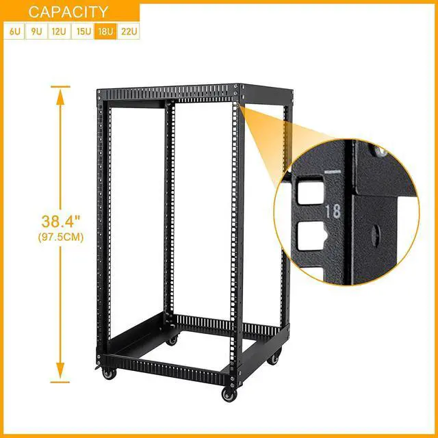 Alt view image 7 of 7 - 18U Open Frame Server Rack with Brake Casters- Heavy Duty 4 Post Quick Assembly 19-inch Rack Network Durable Black