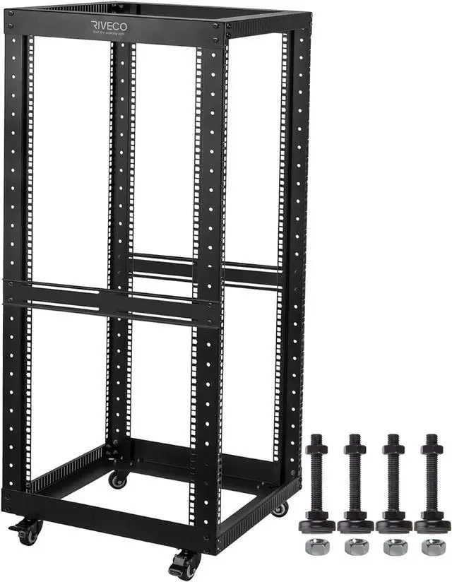 Main image of 25U Open Frame Server Rack with Wheels- Heavy Duty 4 Post Quick Assembly 19-inch Support 600KG Equipment Thick Cold Rolled Steel Cabinet Black