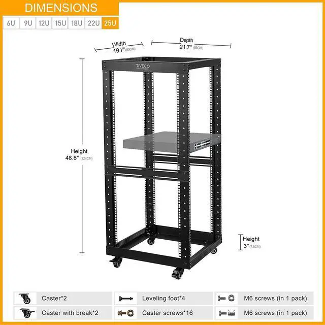 Alt view image 2 of 6 - 25U Open Frame Server Rack with Wheels- Heavy Duty 4 Post Quick Assembly 19-inch Support 600KG Equipment Thick Cold Rolled Steel Cabinet Black