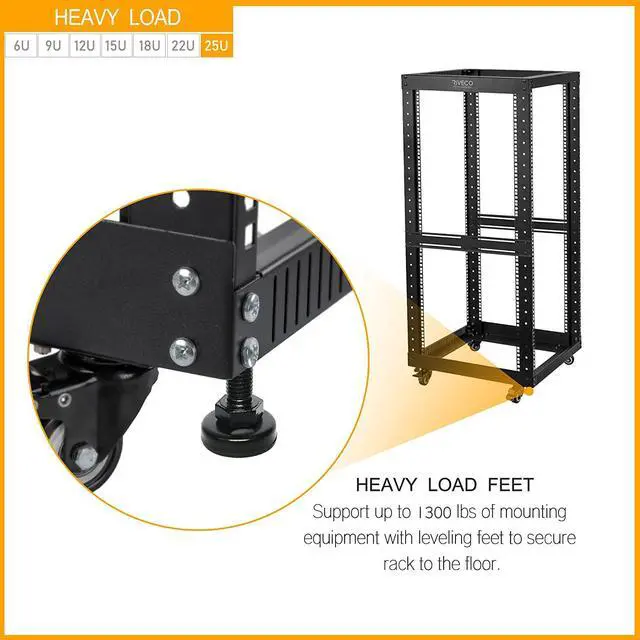 Alt view image 4 of 6 - 25U Open Frame Server Rack with Wheels- Heavy Duty 4 Post Quick Assembly 19-inch Support 600KG Equipment Thick Cold Rolled Steel Cabinet Black