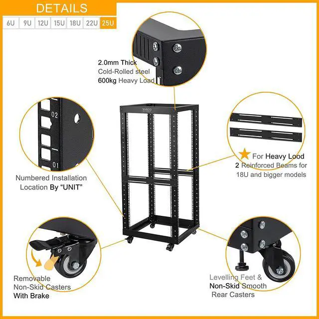 Alt view image 5 of 6 - 25U Open Frame Server Rack with Wheels- Heavy Duty 4 Post Quick Assembly 19-inch Support 600KG Equipment Thick Cold Rolled Steel Cabinet Black