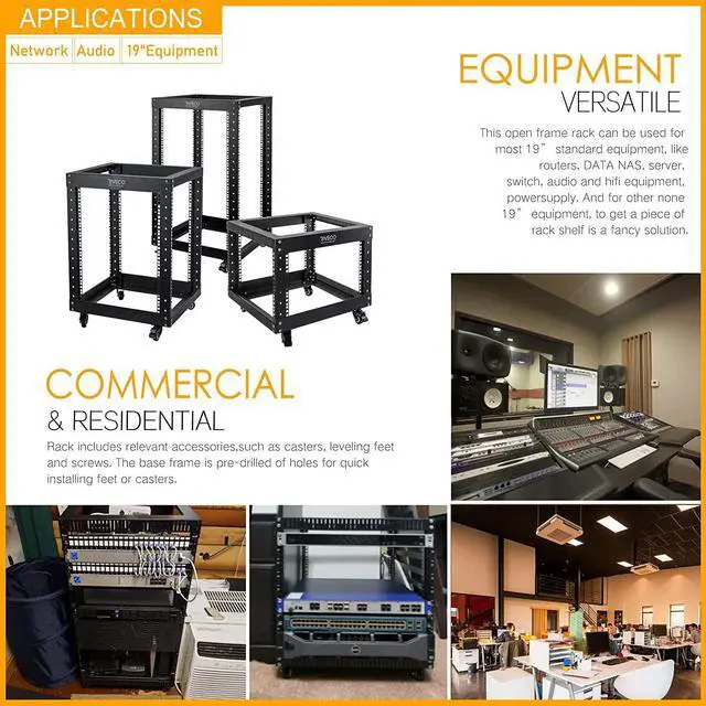 Alt view image 6 of 6 - 25U Open Frame Server Rack with Wheels- Heavy Duty 4 Post Quick Assembly 19-inch Support 600KG Equipment Thick Cold Rolled Steel Cabinet Black