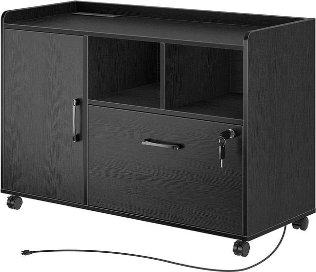 File Cabinet with Lock and Drawer, Mobile Lateral Filing Cabinet Printer Stand with Wheels and Storage Shelves, Black