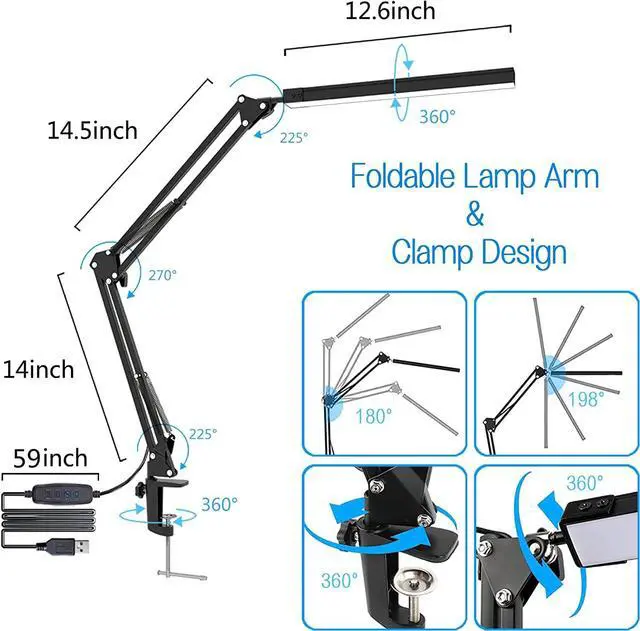 Alt view image 5 of 6 - LED Desk Lamp, Swing arm Desk Light with clamp, 3 Lighting 10 Brightness Eye-Caring Modes, Reading Desk Lamps for Home Office 360 Degree Spin with USB Adapter & Memory Function black-14W