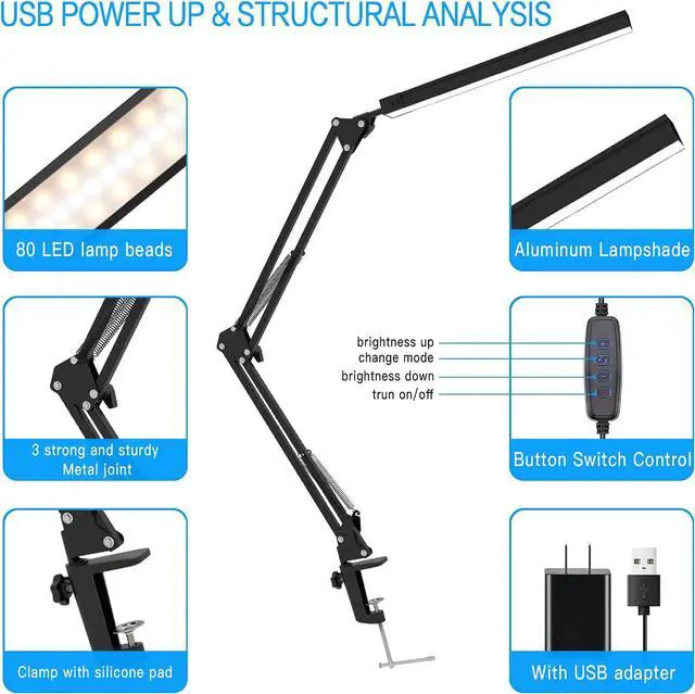 Alt view image 6 of 6 - LED Desk Lamp, Swing arm Desk Light with clamp, 3 Lighting 10 Brightness Eye-Caring Modes, Reading Desk Lamps for Home Office 360 Degree Spin with USB Adapter & Memory Function black-14W