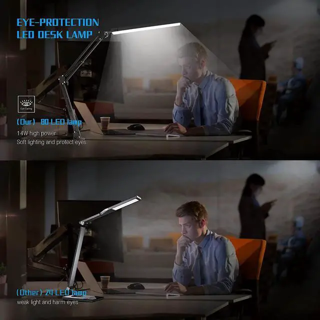 Alt view image 3 of 6 - LED Desk Lamp, Swing arm Desk Light with clamp, 3 Lighting 10 Brightness Eye-Caring Modes, Reading Desk Lamps for Home Office 360 Degree Spin with USB Adapter & Memory Function black-14W