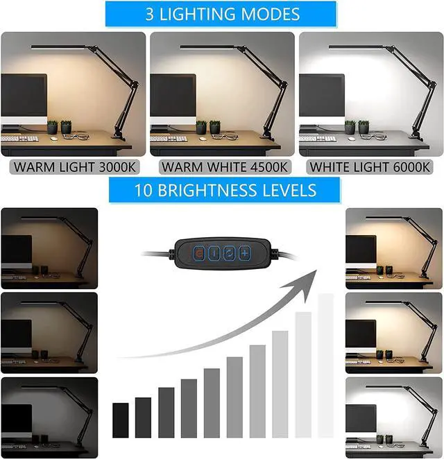 Alt view image 2 of 6 - LED Desk Lamp, Swing arm Desk Light with clamp, 3 Lighting 10 Brightness Eye-Caring Modes, Reading Desk Lamps for Home Office 360 Degree Spin with USB Adapter & Memory Function black-14W