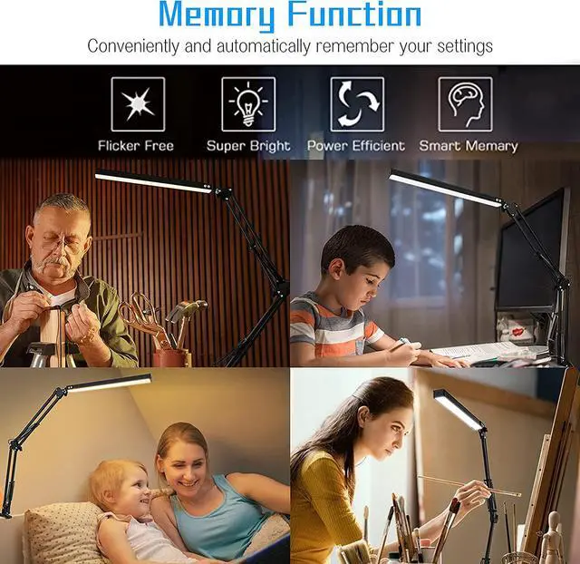 Alt view image 4 of 6 - LED Desk Lamp, Swing arm Desk Light with clamp, 3 Lighting 10 Brightness Eye-Caring Modes, Reading Desk Lamps for Home Office 360 Degree Spin with USB Adapter & Memory Function black-14W