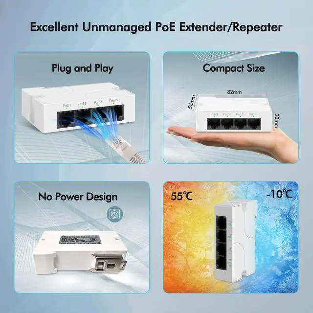 Alt view image 6 of 7 - 4 Port PoE Extender with 3 PoE Out, IEEE 802.3af/at Mini 4 Channel PoE Repeater 100Mbps, Wall and Din Rail Mount Passthrough POE Switch/Booster, Plug and Play