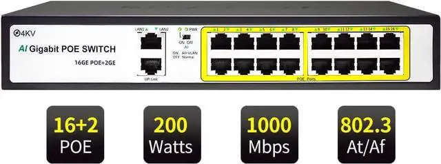Main image of 18 Port Gigabit Network Unmanaged PoE+ Switch, 16 POE@240W, 2 Gigabit Uplink Ports, VLAN Mode, AI Detection, 802.3af/at, Idea for IP Surveillance and Access Point