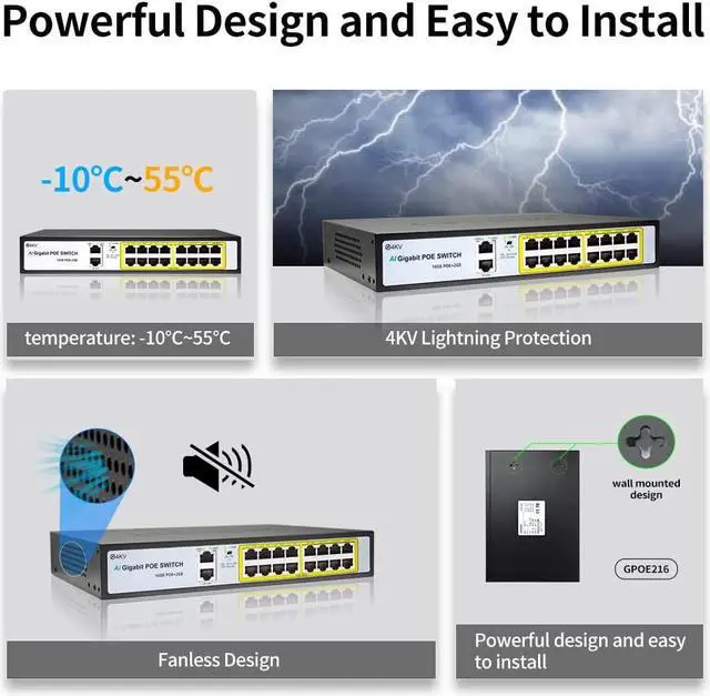 Alt view image 7 of 7 - 18 Port Gigabit Network Unmanaged PoE+ Switch, 16 POE@240W, 2 Gigabit Uplink Ports, VLAN Mode, AI Detection, 802.3af/at, Idea for IP Surveillance and Access Point