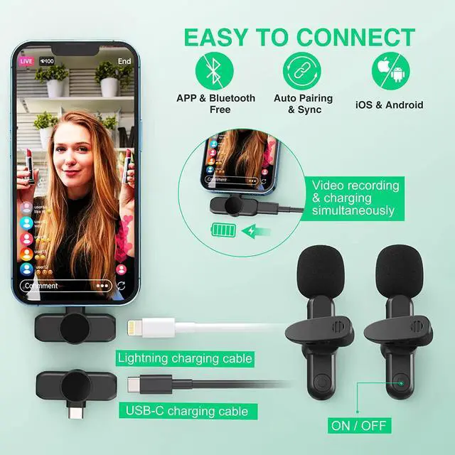 Alt view image 3 of 7 - Wireless Lavalier Microphone for iPhone/ipad/Android,Wireless Lapel clip on microphone(2 Microphones with 2 Receivers) Plug-Play Auto-Sync for Facebook,YouTube,Video/Vlog Recording,Live stream,TikTok