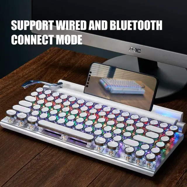 Alt view image 7 of 7 - 7KEYS Retro Typewriter Keyboard, 83 Keys Vintage Bluetooth Mechanical Keyboard (White)
