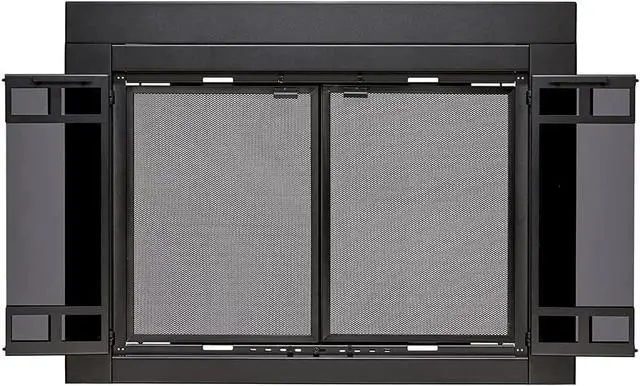 Alt view image 3 of 7 - Bi-fold Style Fireplace Doors with Smoke Tempered Glass (Color: Black, Size: Medium - Fits 30in to 37in W x 25.5in to 32.5in H)