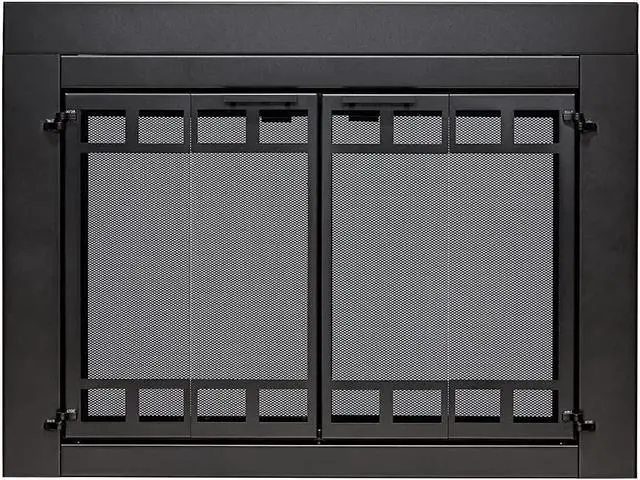 Main image of Bi-fold Style Fireplace Doors with Smoke Tempered Glass (Color: Black, Size: Medium - Fits 30in to 37in W x 25.5in to 32.5in H)