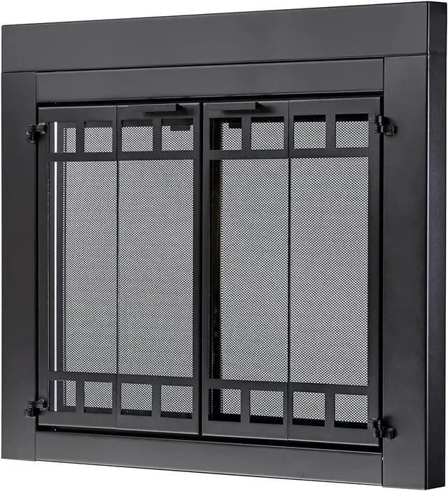 Alt view image 2 of 7 - Bi-fold Style Fireplace Doors with Smoke Tempered Glass (Color: Black, Size: Medium - Fits 30in to 37in W x 25.5in to 32.5in H)