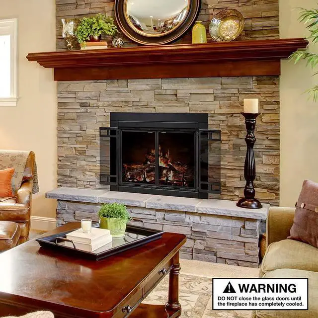 Alt view image 6 of 7 - Bi-fold Style Fireplace Doors with Smoke Tempered Glass (Color: Black, Size: Medium - Fits 30in to 37in W x 25.5in to 32.5in H)