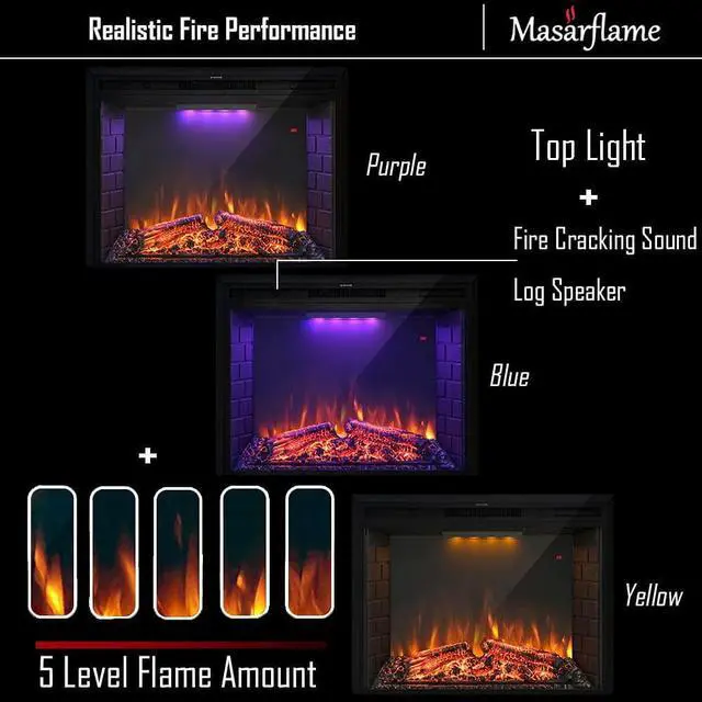 Alt view image 4 of 7 - 33'' Electric Fireplace Insert, Retro Recessed Fireplace Heater with Fire Cracking Sound, Remote Control & Timer, 750/1500W, Black