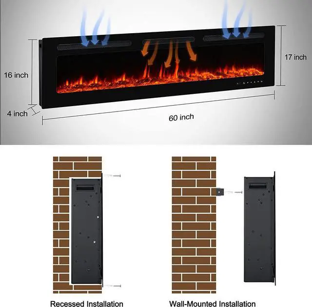 Alt view image 6 of 7 - 60" Electric Fireplace Wall Mounted and Recessed with Remote Control, 750/1500W Ultra-Thin Wall Fireplace Heater W/ Timer Adjustable Flame Color and Brightness, Log Set & Crystal Options