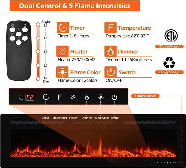 Alt view image 3 of 7 - 60" Electric Fireplace Wall Mounted and Recessed with Remote Control, 750/1500W Ultra-Thin Wall Fireplace Heater W/ Timer Adjustable Flame Color and Brightness, Log Set & Crystal Options