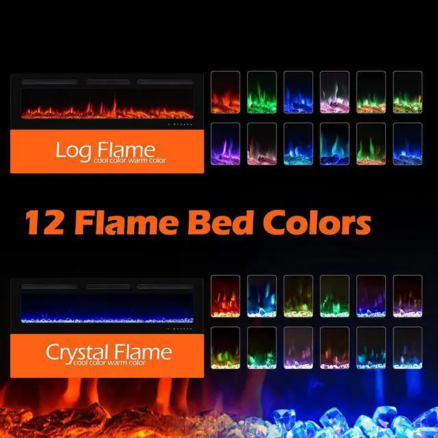 Alt view image 4 of 7 - 60" Electric Fireplace Wall Mounted and Recessed with Remote Control, 750/1500W Ultra-Thin Wall Fireplace Heater W/ Timer Adjustable Flame Color and Brightness, Log Set & Crystal Options