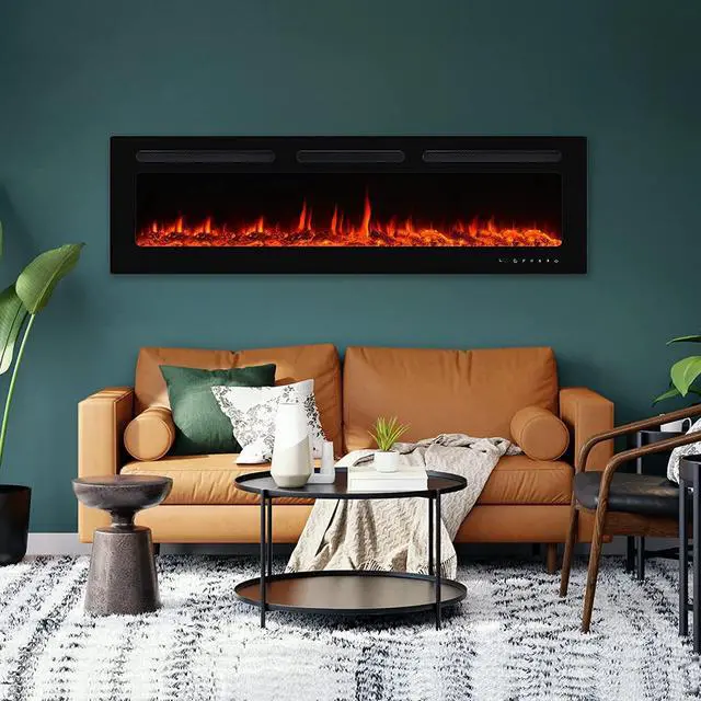 Alt view image 2 of 7 - 60" Electric Fireplace Wall Mounted and Recessed with Remote Control, 750/1500W Ultra-Thin Wall Fireplace Heater W/ Timer Adjustable Flame Color and Brightness, Log Set & Crystal Options