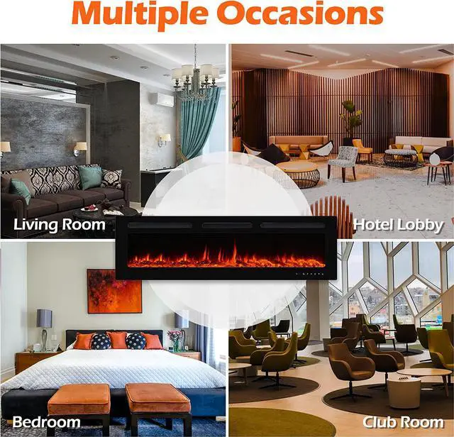 Alt view image 7 of 7 - 60" Electric Fireplace Wall Mounted and Recessed with Remote Control, 750/1500W Ultra-Thin Wall Fireplace Heater W/ Timer Adjustable Flame Color and Brightness, Log Set & Crystal Options