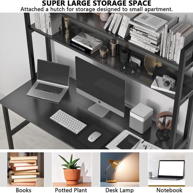 Alt view image 4 of 7 - Computer Desk with Hutch and Bookshelf, 47 Inches Black Home Office Desk with Space Saving Design, Metal Legs Table Desk with Upper Storage Shelves for Study Writing/Workstation, Easy Assemble