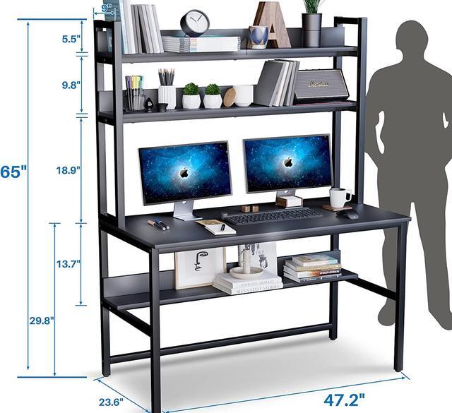 Alt view image 5 of 7 - Computer Desk with Hutch and Bookshelf, 47 Inches Black Home Office Desk with Space Saving Design, Metal Legs Table Desk with Upper Storage Shelves for Study Writing/Workstation, Easy Assemble