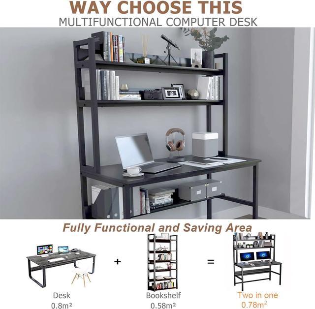 Alt view image 6 of 7 - Computer Desk with Hutch and Bookshelf, 47 Inches Black Home Office Desk with Space Saving Design, Metal Legs Table Desk with Upper Storage Shelves for Study Writing/Workstation, Easy Assemble