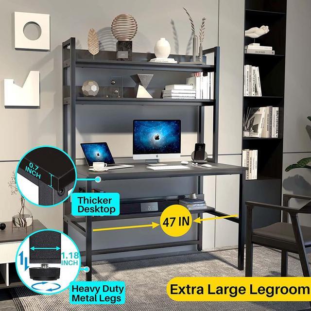 Alt view image 2 of 7 - Computer Desk with Hutch and Bookshelf, 47 Inches Black Home Office Desk with Space Saving Design, Metal Legs Table Desk with Upper Storage Shelves for Study Writing/Workstation, Easy Assemble